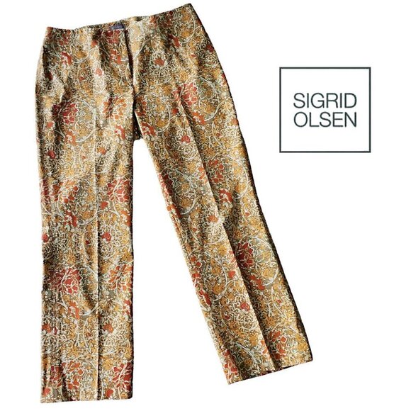 Sigrid Olsen Orange Yellow Brown Japanese Floral motif print dress pants Size 8 - Picture 1 of 12